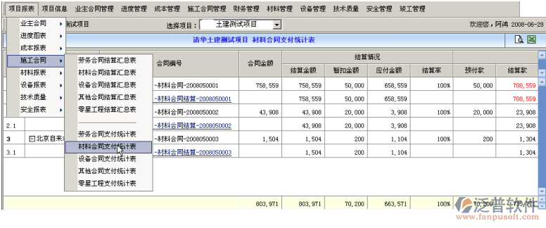 工程項目合同結(jié)算支付統(tǒng)計表