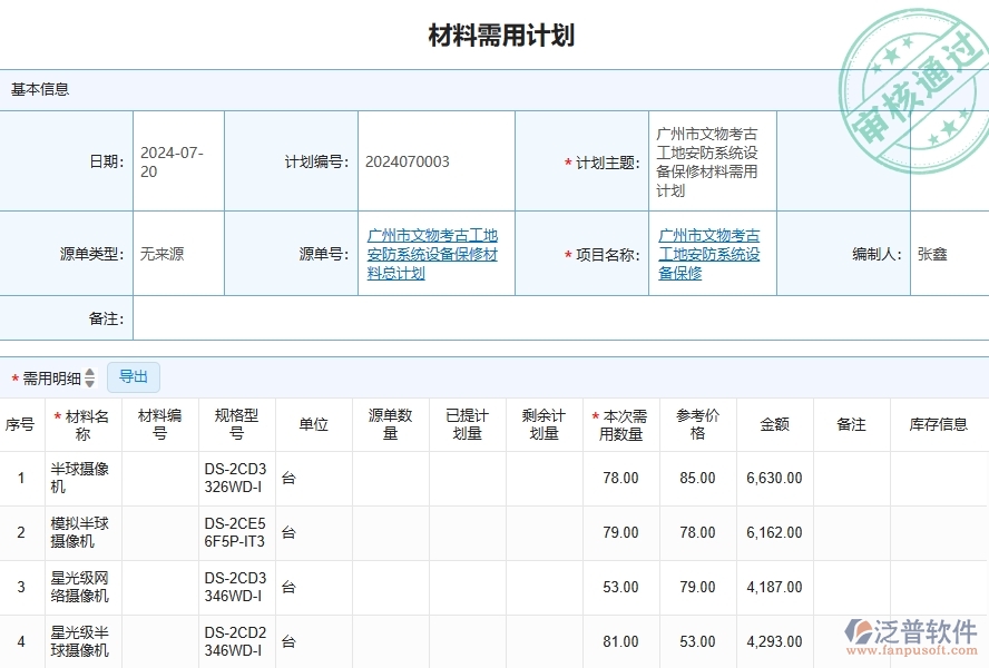 四、泛普軟件-安防工程企業(yè)材料需用計劃列表的重要性